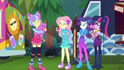 Size: 1599x899 | Tagged: safe, screencap, character:fluttershy, character:rarity, character:spike, character:spike (dog), character:supernova zap, character:twilight sparkle, character:twilight sparkle (scitwi), species:dog, species:eqg human, episode:lost and pound, g4, my little pony:equestria girls, cute, flower, flower in hair, food truck, geode of fauna, geode of shielding, geode of telekinesis, lost and pound: fluttershy, magical geodes, mixed reactions, princess thunder guts, shoes, shyabetes, sneakers, spike's festival hat, su-z, supernova zap, zettai ryouiki