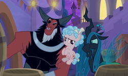 Size: 1647x982 | Tagged: safe, screencap, character:cozy glow, character:lord tirek, character:queen chrysalis, species:centaur, species:changeling, species:pegasus, species:pony, episode:the summer sun setback, g4, my little pony: friendship is magic, adorabolical, antagonist, banner, barrel, bow, bracer, canterlot, changeling queen, cozybetes, crown, cute, evil, evil grin, female, filly, flying, foal, freckles, grin, hair bow, jewelry, leaning, listening, male, mare, night, nose piercing, nose ring, piercing, plan, raised eyebrow, regalia, scheme, smiling, smirk, stairs, tail bow, tirebetes, trio, wall of tags, whispering