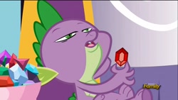 Size: 1366x768 | Tagged: safe, screencap, character:spike, species:dragon, episode:princess spike, g4, my little pony: friendship is magic, bowl of gems, discovery family logo, gem, leaning back, male, open mouth, relaxing, ruby, sitting, solo, that face