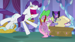 Size: 1920x1080 | Tagged: safe, screencap, character:rarity, character:spike, species:dragon, species:pony, species:unicorn, episode:dragon dropped, episode:power ponies, g4, my little pony: friendship is magic, and then there's rarity, angry, blanket, captain mare-acle, discovery family logo, duo, faec, female, gums, male, mare, motion blur, poster, potted plant, quill, sagittiara, scared, screaming, scroll, spike's bed, spike's room, startled, teeth, winged spike, wonder mare (power ponies), yelling