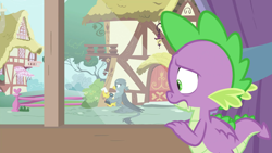 Size: 1920x1080 | Tagged: safe, screencap, character:gabby, character:spike, species:dragon, species:griffon, episode:dragon dropped, g4, my little pony: friendship is magic, :c, camera, frown, sad, window, winged spike