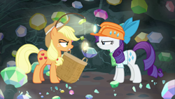 Size: 1920x1080 | Tagged: safe, screencap, character:applejack, character:rarity, species:earth pony, species:pony, species:unicorn, episode:dragon dropped, g4, my little pony: friendship is magic, angry, annoyed, basket, bow, clothing, duo, female, gem, gem cave, gemstones, hat, helmet, lamp, light, looking at each other, mare, mining helmet