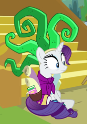 Size: 624x893 | Tagged: safe, screencap, character:mane-iac, character:rarity, species:pony, episode:dragon dropped, g4, my little pony: friendship is magic, clothing, cosplay, costume, cropped, female, sitting, solo