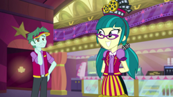 Size: 1920x1080 | Tagged: safe, screencap, character:juniper montage, equestria girls:mirror magic, g4, my little pony:equestria girls, arm behind back, arm behind head, brim marco, clothing, cute, female, glasses, hat, male, pants, pigtails, skirt, smiling