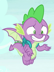 Size: 370x494 | Tagged: safe, screencap, character:spike, species:dragon, episode:dragon dropped, g4, my little pony: friendship is magic, awkward smile, backpack, claws, cropped, flying, male, reaction image, shrug, smiling, solo, toes, winged spike, wings