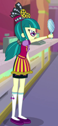 Size: 266x576 | Tagged: safe, screencap, character:juniper montage, equestria girls:mirror magic, g4, my little pony:equestria girls, clothing, cropped, glasses, hat, mirror, pigtails, shoes, skirt, socks, solo