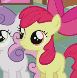 Size: 248x250 | Tagged: safe, screencap, character:apple bloom, character:sweetie belle, species:earth pony, species:pony, species:unicorn, episode:hearts and hooves day, g4, my little pony: friendship is magic, animated, bleh, bow, covering mouth, cropped, disgusted, faec, gagging, jewelry store, open mouth, reaction image, solo focus, tongue out