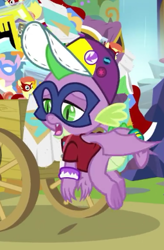 Size: 255x388 | Tagged: safe, screencap, character:humdrum, character:spike, species:dragon, episode:dragon dropped, episode:power ponies, g4, my little pony: friendship is magic, cap, claws, clothing, comics, cropped, hat, mask, solo, tail band, tired, toes, underfoot, winged spike, wings