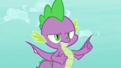Size: 1280x720 | Tagged: safe, screencap, character:spike, species:dragon, episode:molt down, g4, my little pony: friendship is magic, cloud, fist, looking at you, male, sky, spread wings, winged spike, wings