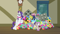 Size: 1905x1080 | Tagged: safe, screencap, character:gabby, character:rarity, character:spike, species:dragon, species:griffon, species:pony, species:unicorn, episode:dragon dropped, g4, my little pony: friendship is magic, archie andrews, bipedal, bipedal leaning, black bars, clock, comic, comics, faec, female, gem, jughead, leaning, male, mare, post office, surprised, winged spike