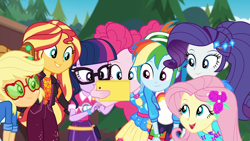 Size: 1920x1080 | Tagged: safe, screencap, character:applejack, character:fluttershy, character:pinkie pie, character:rainbow dash, character:rarity, character:sunset shimmer, character:twilight sparkle, character:twilight sparkle (scitwi), species:eqg human, episode:festival filters, g4, my little pony:equestria girls, applejack's festival hat, applejack's sunglasses, cellphone, cute, dashabetes, geode of empathy, geode of sugar bombs, geode of super speed, glasses, group shot, humane five, humane seven, humane six, jackabetes, magical geodes, outdoors, phone, raribetes, shimmerbetes, shyabetes, smartphone, smiling, sunglasses