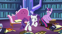Size: 1920x1080 | Tagged: safe, screencap, character:rarity, character:twilight sparkle, character:twilight sparkle (alicorn), species:alicorn, species:pony, episode:dragon dropped, g4, my little pony: friendship is magic, book, bookshelf, messy mane, messy tail