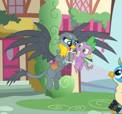 Size: 628x587 | Tagged: safe, screencap, character:gabby, character:gallus, character:spike, species:dragon, episode:dragon dropped, g4, my little pony: friendship is magic, cropped, cute, duo focus, female, flying, gabbybetes, male, picture, smiling, winged spike