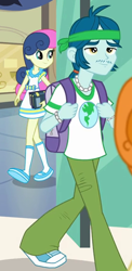 Size: 280x575 | Tagged: safe, screencap, character:bon bon, character:captain planet, character:sweetie drops, episode:all's fair in love & friendship games, g4, my little pony:equestria girls, background human, backpack, clothing, cropped, dress, mary janes, pants, shoes, skirt, smiling, sneakers, socks