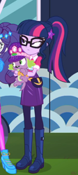 Size: 352x787 | Tagged: safe, screencap, character:rarity, character:spike, character:spike (dog), character:twilight sparkle, character:twilight sparkle (scitwi), species:dog, species:eqg human, episode:lost and pound, g4, my little pony:equestria girls, boots, clothing, cropped, geode of telekinesis, glasses, lost and pound: fluttershy, magical geodes, offscreen character, pantyhose, paw pads, paws, ponytail, shoes, skirt, spike's festival hat