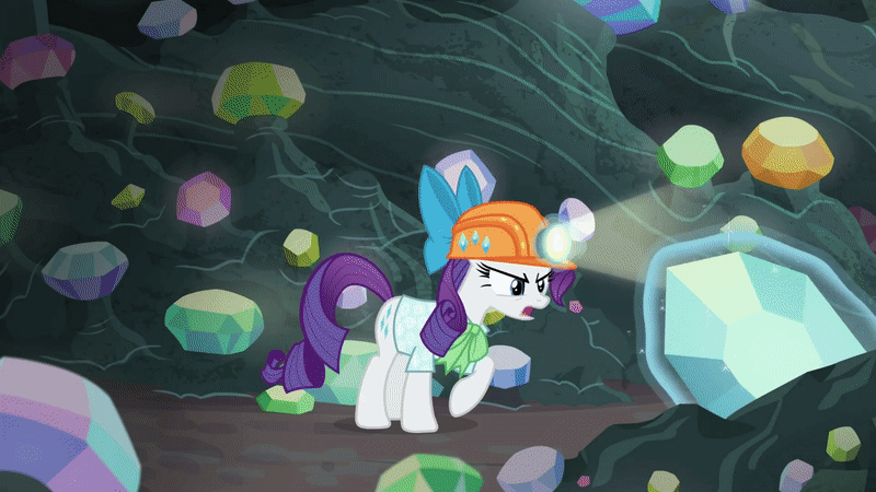 Size: 800x450 | Tagged: safe, screencap, character:applejack, character:rarity, species:earth pony, species:pony, species:unicorn, episode:dragon dropped, g4, my little pony: friendship is magic, angry, animated, basket, gem, gem cave, gemstones, helmet, lamp, lifting, light, magic, mining helmet, miss, throwing