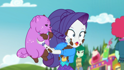 Size: 1902x1076 | Tagged: safe, screencap, character:rarity, character:wallflower blush, species:dog, episode:lost and pound, g4, my little pony:equestria girls, background human, cloud, drool, face licking, female, food truck, geode of shielding, licking, licking face, lost and pound: rarity, magical geodes, mud, muddy, outdoors, oxford brush, princess thunder guts, puppy, tongue out