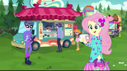 Size: 719x404 | Tagged: safe, screencap, character:fluttershy, character:microchips, character:princess celestia, character:principal celestia, character:scribble dee, episode:the road less scheduled, g4, my little pony:equestria girls, carrot bun, clothing, female, geode of fauna, magical geodes, male, mc dex fx