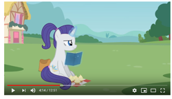 Size: 662x381 | Tagged: safe, artist:agrol, screencap, character:rarity, species:pony, species:unicorn, alternate cutie mark, alternate hairstyle, book, change your reality, cupcake, food, levitation, magic, ponytail, puffy cheeks, telekinesis, youtube, youtube link