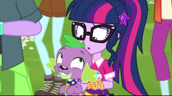 Size: 720x403 | Tagged: safe, screencap, character:spike, character:spike (dog), character:twilight sparkle, character:twilight sparkle (scitwi), species:dog, species:eqg human, episode:the road less scheduled, g4, my little pony:equestria girls, background human, clothing, duke suave, fry lilac, geode of telekinesis, glasses, legs, magical geodes, male, pants, paws, peppermint azure, smiling, the road less scheduled: microchips
