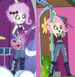 Size: 568x584 | Tagged: safe, screencap, character:fluttershy, episode:the road less scheduled, equestria girls:rollercoaster of friendship, g4, my little pony:equestria girls, clothing, comparison, flutterpunk, goth, hologram, metalshy, midriff, sleeveless, tank top, the road less scheduled: fluttershy, vampishy
