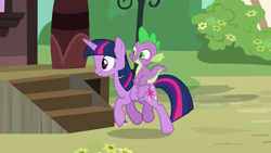 Size: 2400x1350 | Tagged: safe, screencap, character:spike, character:twilight sparkle, character:twilight sparkle (alicorn), species:alicorn, species:dragon, species:pony, episode:p.p.o.v. (pony point of view), g4, my little pony: friendship is magic, dragons riding ponies, duo, female, mare, riding, trotting