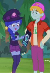 Size: 447x650 | Tagged: safe, screencap, episode:the road less scheduled, g4, my little pony:equestria girls, backwards ballcap, baseball cap, cap, clothing, cropped, female, fry lilac, hat, male, not luna, shorts, smiling, space camp (character), the road less scheduled: microchips