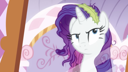 Size: 2400x1350 | Tagged: safe, screencap, character:rarity, species:pony, species:unicorn, episode:p.p.o.v. (pony point of view), g4, my little pony: friendship is magic, bust, female, mare, messy mane, mirror, portrait, reflection, seaweed, solo