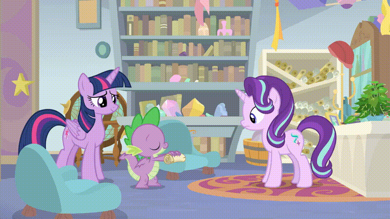 Size: 800x450 | Tagged: safe, screencap, character:phyllis, character:spike, character:starlight glimmer, character:twilight sparkle, character:twilight sparkle (alicorn), species:alicorn, species:dragon, species:pony, episode:a horse shoe-in, g4, my little pony: friendship is magic, animated, gif, starlight's office, winged spike