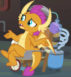 Size: 639x693 | Tagged: safe, screencap, character:smolder, species:dragon, episode:a horse shoe-in, g4, my little pony: friendship is magic, claws, confused, cropped, crossed legs, dragoness, fangs, female, horns, invention, kid, open mouth, raised eyebrow, shrug, solo, spread wings, teenaged dragon, teenager, toes, wings