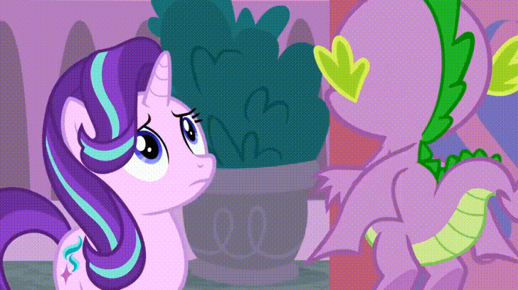 Size: 728x408 | Tagged: safe, screencap, character:spike, character:starlight glimmer, species:dragon, species:pony, species:unicorn, episode:the beginning of the end, g4, my little pony: friendship is magic, animated, cutie mark, duo, faceless male, female, flying, gif, male, mare, offscreen character, one eye closed, raised eyebrow, raised hoof, winged spike, wink