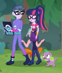Size: 318x371 | Tagged: safe, screencap, character:microchips, character:spike, character:spike (dog), character:twilight sparkle, character:twilight sparkle (scitwi), species:dog, species:eqg human, episode:the road less scheduled, g4, my little pony:equestria girls, boots, clothing, female, geode of telekinesis, glasses, lemon zack, magical geodes, male, mc dex fx, pantyhose, ponytail, shoes, skirt, spike's dog collar, the road less scheduled: microchips