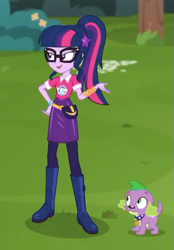 Size: 419x602 | Tagged: safe, screencap, character:spike, character:spike (dog), character:twilight sparkle, character:twilight sparkle (scitwi), species:dog, species:eqg human, episode:the road less scheduled, g4, my little pony:equestria girls, boots, clothing, cropped, female, geode of telekinesis, glasses, magical geodes, male, pantyhose, ponytail, shoes, skirt, smiling, spike's dog collar, tail, the road less scheduled: microchips