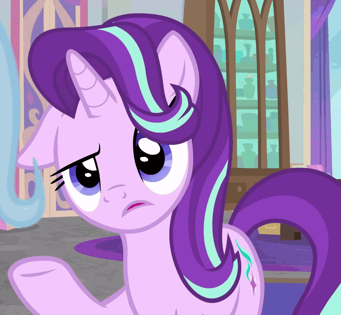 Size: 1168x1079 | Tagged: safe, screencap, character:starlight glimmer, character:trixie, species:pony, species:unicorn, episode:a horse shoe-in, g4, my little pony: friendship is magic, animated, cropped, cute, cutie mark, female, floppy ears, gif, glimmerbetes, looped, mare, one ear down, open mouth, raised eyebrow, raised hoof, solo focus, talking