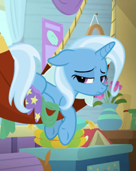 Size: 550x696 | Tagged: safe, screencap, character:trixie, species:pony, episode:a horse shoe-in, g4, my little pony: friendship is magic, cropped, hammock, sad, trixie's wagon, underhoof