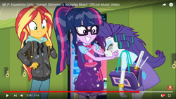 Size: 1366x768 | Tagged: safe, screencap, character:rarity, character:sunset shimmer, character:twilight sparkle, character:twilight sparkle (scitwi), species:eqg human, episode:monday blues, eqg summertime shorts, g4, my little pony:equestria girls, youtube
