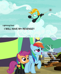 Size: 1104x1330 | Tagged: safe, screencap, character:lightning dust, character:rainbow dash, character:scootaloo, species:pegasus, species:pony, episode:the washouts, g4, my little pony: friendship is magic, clothing, cloud, end of ponies, female, flying, meta, raised hoof, the end is neigh, uniform, washouts uniform