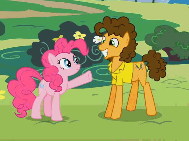 Size: 640x480 | Tagged: safe, screencap, character:cheese sandwich, character:pinkie pie, species:earth pony, species:pony, episode:pinkie pride, g4, my little pony: friendship is magic, animated, clothing, cropped, female, gif, grin, happy, hooves, jumping, male, mare, shipping fuel, shirt, smiling, stallion