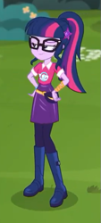 Size: 267x592 | Tagged: safe, screencap, character:twilight sparkle, character:twilight sparkle (scitwi), species:eqg human, episode:the road less scheduled, g4, my little pony:equestria girls, boots, clothing, cropped, geode of telekinesis, glasses, magical geodes, pantyhose, ponytail, shoes, skirt, smiling, solo, the road less scheduled: microchips