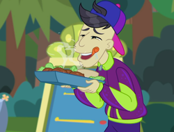 Size: 1422x1080 | Tagged: safe, screencap, character:cranky doodle donkey, episode:the road less scheduled, g4, my little pony:equestria girls, backwards ballcap, baseball cap, cap, clothing, drool, falafel, food, hat, hungry, male, outdoors, smiling, the road less scheduled: celestia, tongue out