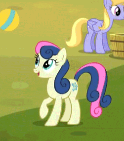 Size: 251x285 | Tagged: safe, screencap, character:bon bon, character:cloud kicker, character:sweetie drops, species:earth pony, species:pegasus, species:pony, derpibooru, episode:party pooped, g4, my little pony: friendship is magic, adorabon, animated, ball, cute, female, juxtaposition, mare, meta