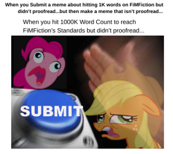 Size: 650x580 | Tagged: safe, artist:anonymous, screencap, character:applejack, character:pinkie pie, species:pony, button, derp face, fimfiction, meme, nut button
