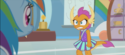 Size: 1287x572 | Tagged: safe, screencap, character:rainbow dash, character:smolder, species:dragon, species:pony, episode:2-4-6 greaaat, angry, brat, cheerleader, cheerleader outfit, cheerleader smolder, clenched fist, clothing, dragoness, duo, fangs, female, fist, folded wings, furious, gritted teeth, horns, imminent rage, mare, rage, shrunken pupils, smolder is not amused, teenager, unamused, wings