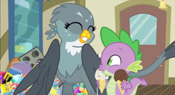 Size: 1346x731 | Tagged: safe, screencap, character:gabby, character:spike, species:dragon, species:griffon, episode:dragon dropped, g4, my little pony: friendship is magic, cute, female, food, gabbybetes, ice cream, male, spikabetes, winged spike