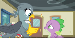 Size: 1344x692 | Tagged: safe, screencap, character:gabby, character:spike, species:dragon, species:griffon, episode:dragon dropped, g4, my little pony: friendship is magic, cute, female, gabbybetes, male, smiling, spikabetes, winged spike