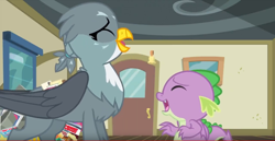 Size: 1346x695 | Tagged: safe, screencap, character:gabby, character:spike, species:dragon, species:griffon, episode:dragon dropped, g4, my little pony: friendship is magic, cute, female, gabbybetes, laughing, male, spikabetes, winged spike