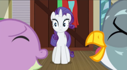 Size: 1341x733 | Tagged: safe, screencap, character:gabby, character:rarity, character:spike, species:dragon, species:griffon, species:pony, species:unicorn, episode:dragon dropped, g4, my little pony: friendship is magic, confused, cute, gabbybetes, laughing, spikabetes, winged spike