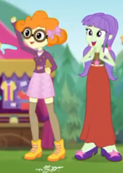 Size: 322x451 | Tagged: safe, screencap, character:scribble dee, character:starlight, episode:accountibilibuddies, g4, my little pony:equestria girls, background human, boots, clothing, dress, glasses, pigtails, shoes, skirt, smiling, socks, starlight, thigh highs