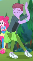 Size: 366x668 | Tagged: safe, screencap, character:pinkie pie, episode:accountibilibuddies, g4, my little pony:equestria girls, background human, clothing, dancing, duke suave, eyes closed, female, geode of sugar bombs, hair bun, legs, magical geodes, male, pants, pantyhose, shoes, skirt, sneakers