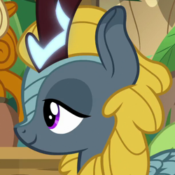 Size: 610x610 | Tagged: safe, screencap, character:winter flame, species:kirin, episode:sounds of silence, g4, my little pony: friendship is magic, background kirin, cropped, glowing horn, horn, lidded eyes, smiling, solo
